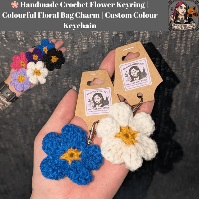 🌸 Handmade Crochet Flower Keyring | Colourful Floral Bag Charm | Custom Colour Keychain